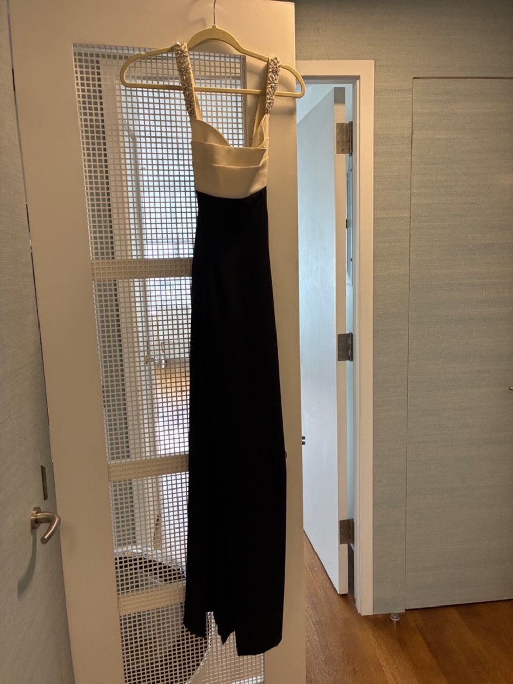 Two-Tone Black and Cream Evening Gown with Braided Straps